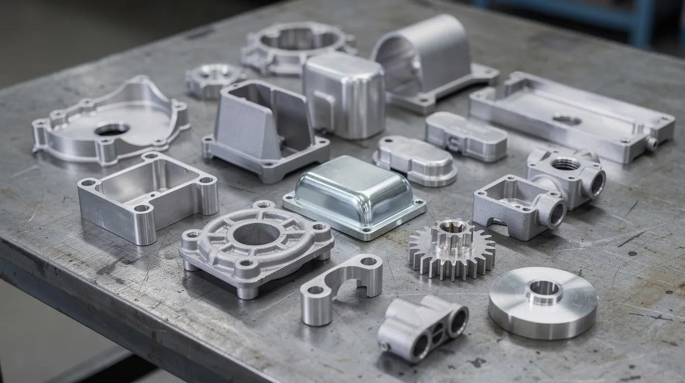 The image depicts a collection of various aluminum and zinc die cast parts arranged neatly on a workbench, showcasing different sizes and surface finishes. This assortment highlights the diversity of die casting products used in industries such as automotive and construction machinery.