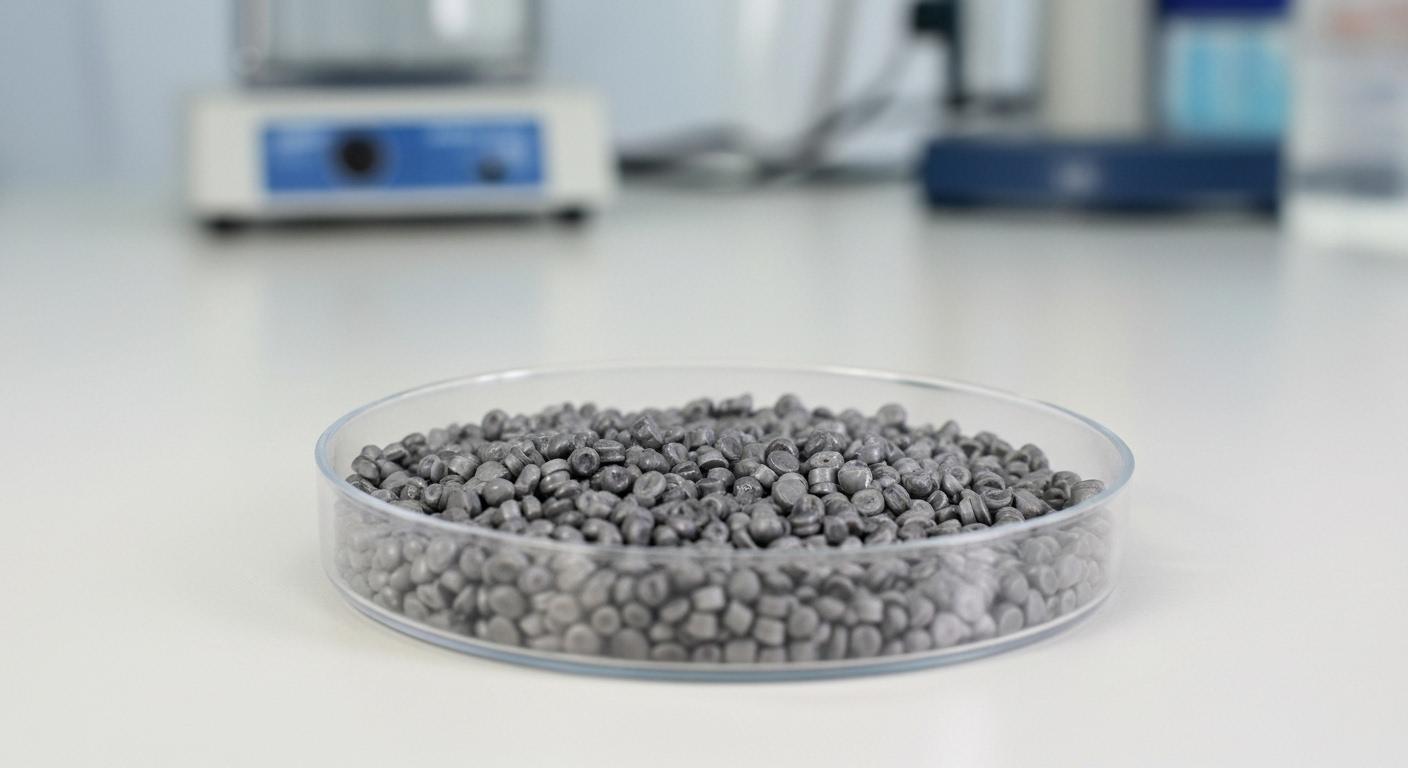 Na białej powierzchni laboratoryjnej znajdują się granulki różnych tworzyw sztucznych, które charakteryzują się doskonałymi właściwościami elektroizolacyjnymi oraz wysoką udarnością, co sprawia, że są niezbędne w przemyśle chemicznym i produkcji artykułów codziennego użytku.