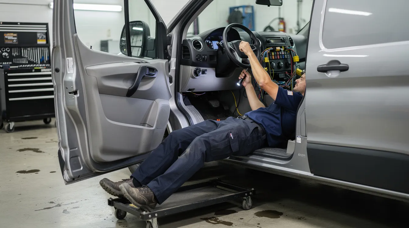 A mechanic is crouched under the dashboard of a commercial van, inspecting the vehicle's internal components for maintenance. This scene highlights the importance of vehicle diagnostics and fleet management systems in ensuring the operational efficiency of delivery vehicles.