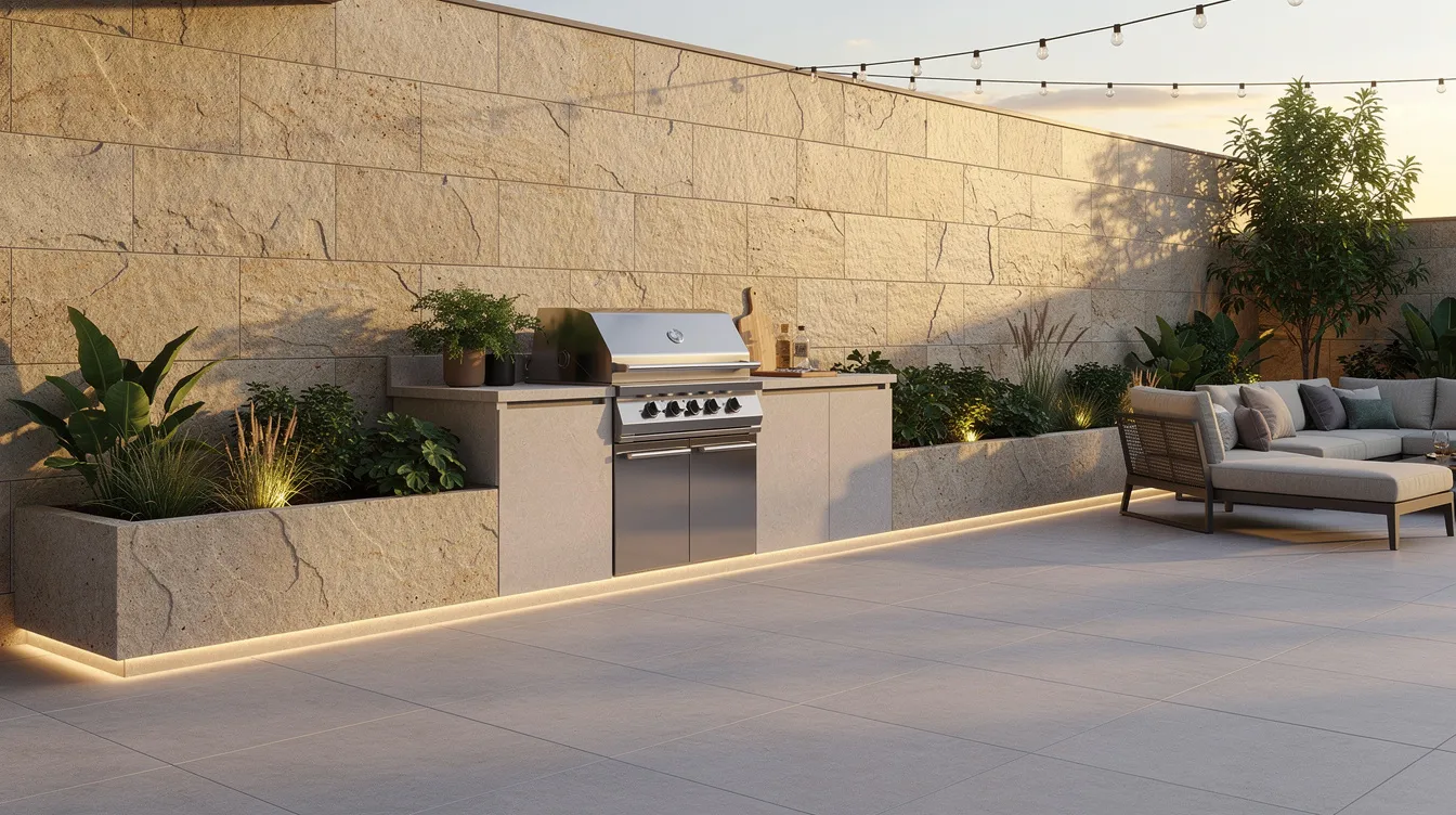 The image depicts a stylish outdoor kitchen patio featuring textured wall tiles and large format floor tiles, complemented by comfortable seating next to vibrant planters. This versatile space is perfect for summer gatherings, showcasing a combination of stone and concrete materials that enhance the overall aesthetic and durability of the patio.