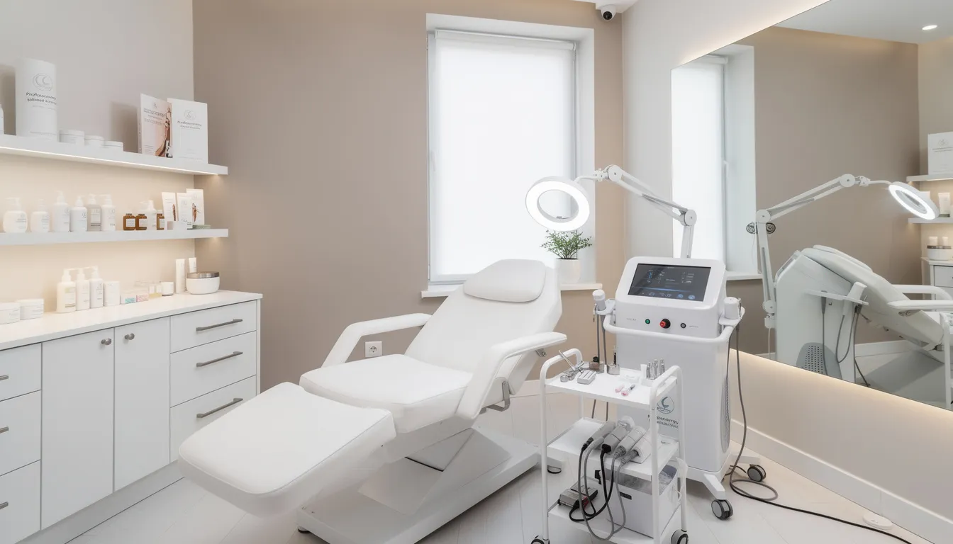 Na zdjęciu widoczny jest profesjonalny gabinet kosmetyczny, wyposażony w nowoczesny fotel zabiegowy oraz sprzęt do medycyny estetycznej. W tle można zauważyć różne akcesoria, które służą do zabiegów, takich jak mezoterapia igłowa, poprawiająca kondycję skóry i redukująca zmarszczki wokół oczu.