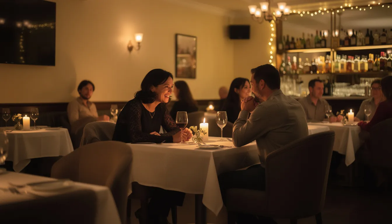 The image depicts an intimate candlelit dining room in a romantic restaurant, where couples are enjoying dinner at small tables surrounded by flickering candlelight and cozy nooks. The atmosphere is perfect for a romantic evening, making it an ideal spot for a special date or anniversary dinner in central London.