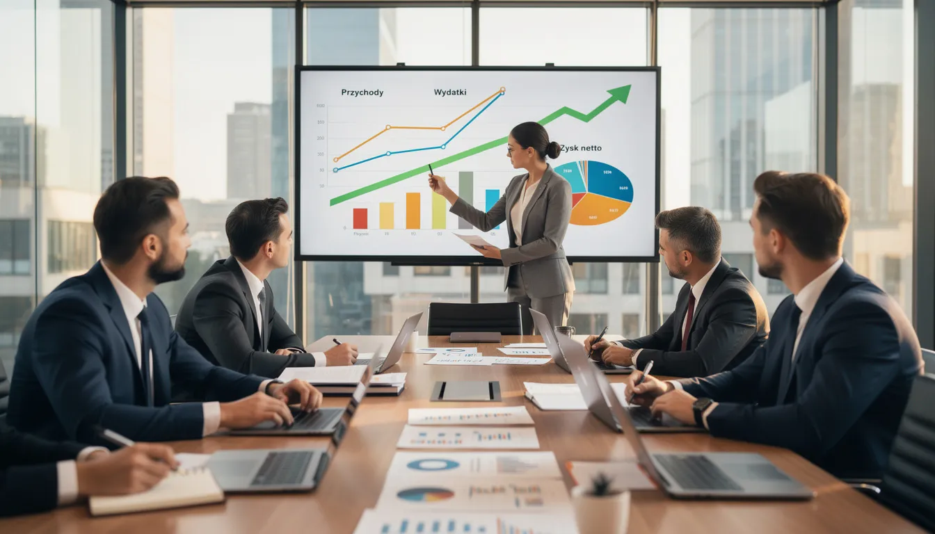 Na obrazie zespół biznesowy analizuje wykresy finansowe podczas spotkania, omawiając kwestie związane z płynnością finansową i ryzykiem niewypłacalności kontrahentów. W tle widoczne są notatki dotyczące umowy faktoringowej oraz strategii windykacji należności.
