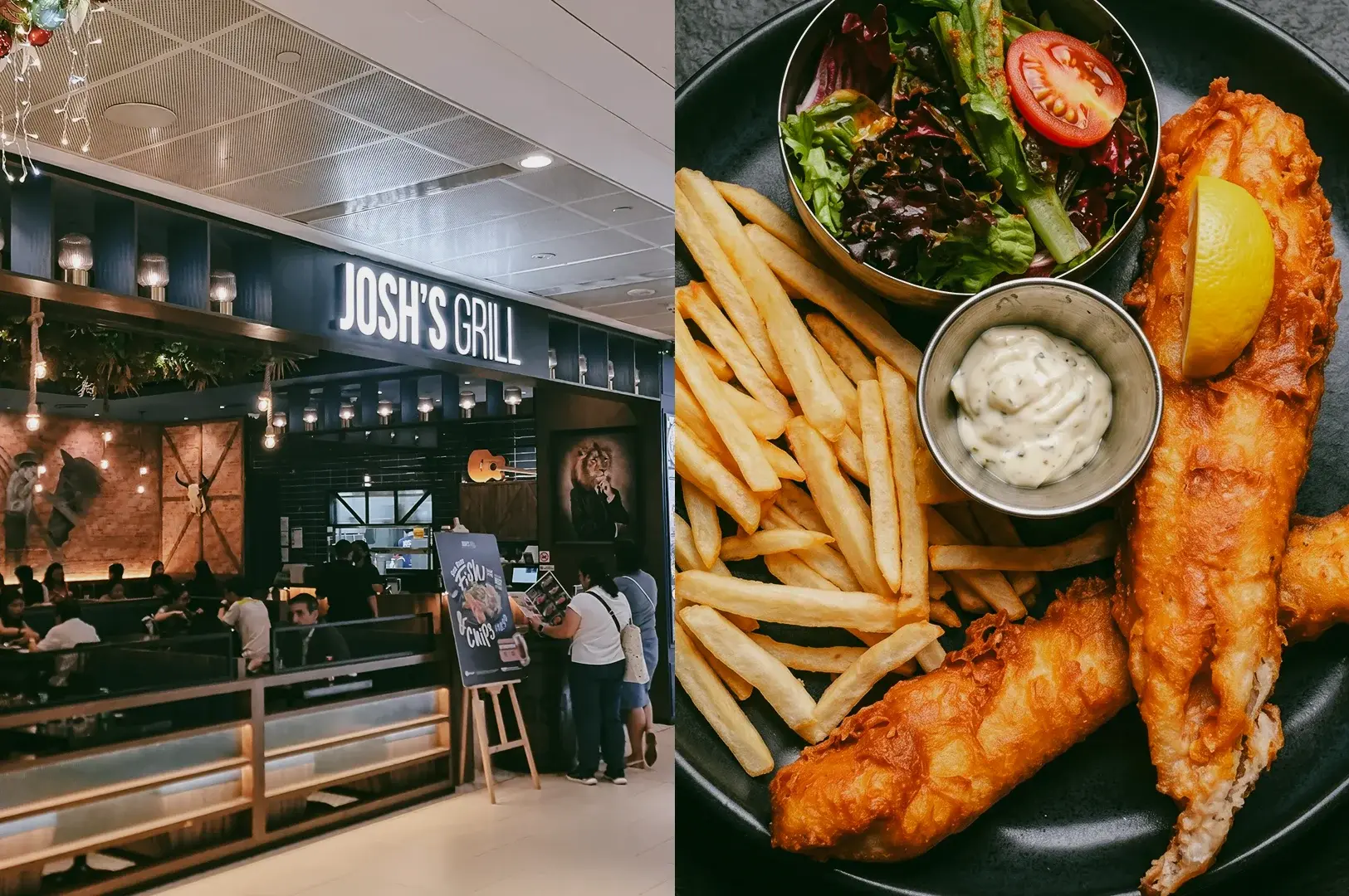 Left: An eye-level, wide-angle shot of the entrance to Josh's Grill restaurant inside a mall, showing indoor dining tables under hanging light bulbs and patrons standing near a menu stand. Right: A top-down, close-up shot of a black plate serving a large piece of golden-brown battered fried fish, a generous side of french fries, a small bowl of green salad, and a metal tin of tartar sauce.