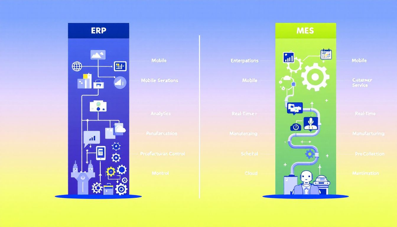 A side-by-side comparison of ERP and MES systems, showcasing their key differences.