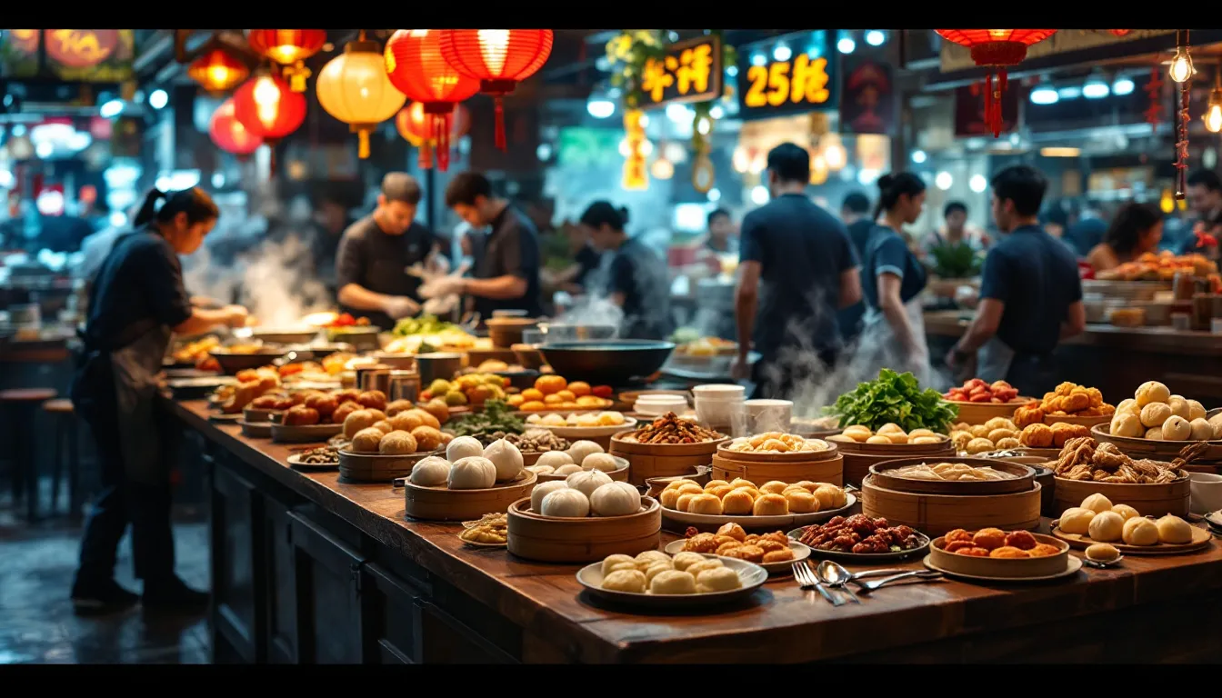 Eine Auswahl an Dim Sum und anderen chinesischen Spezialitäten in einem Restaurant.