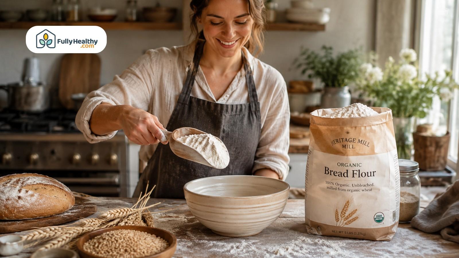 Baker scooping organic bread flour beside wheat grains and fresh loaf