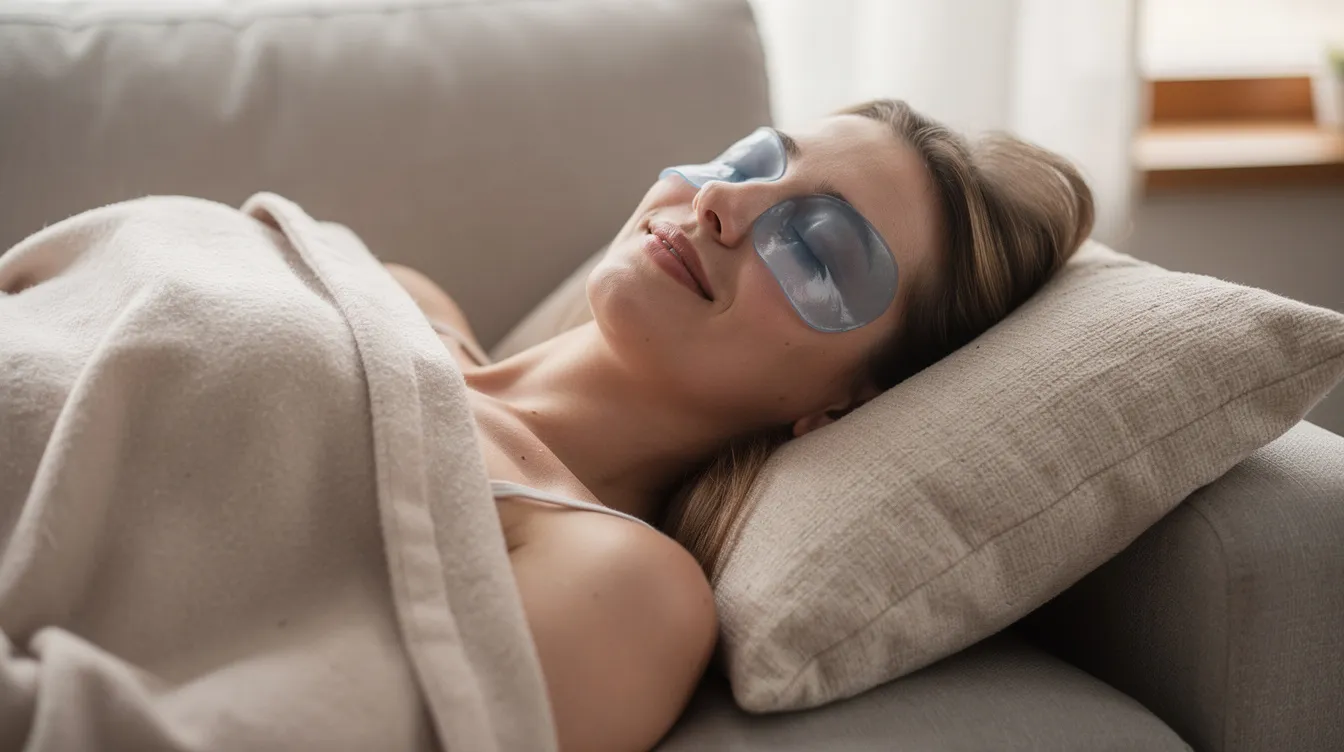 Una persona está descansando en casa con compresas frías sobre los ojos, lo que puede ayudar a aliviar la hinchazón y la fatiga ocular. Esta imagen evoca la atención que algunos pacientes requieren tras un procedimiento de blefaroplastia, cirugía de párpados que busca mejorar la apariencia y calidad de vida.