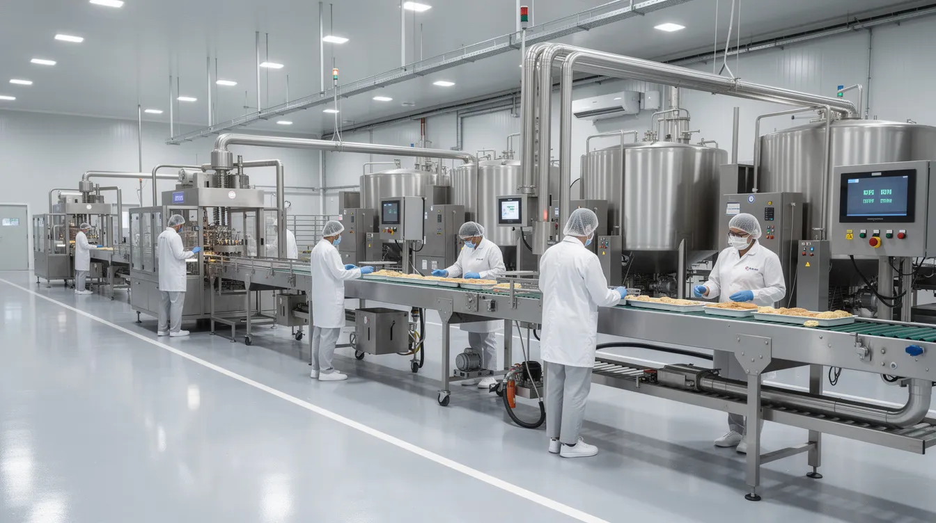 1f3dee6b 75e8 46c9 9226 9ba1d270d4cc The image depicts the interior of a modern food processing factory featuring stainless steel equipment, with workers dressed in white uniforms and hairnets. This environment is likely involved in the production of instant poha mix and other tasty food items, emphasizing hygiene and efficiency in food preparation.
