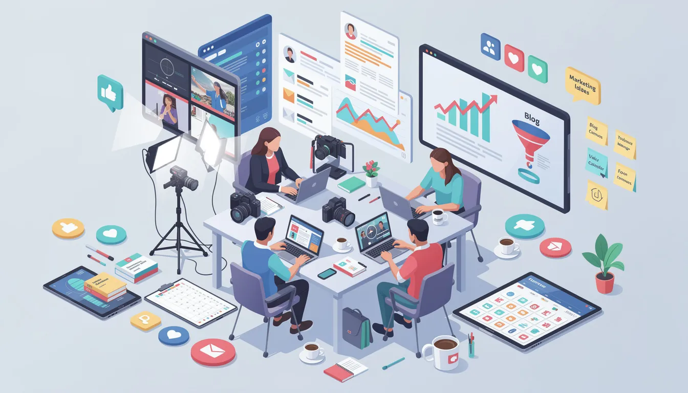 The image depicts a vibrant digital workspace filled with various social media platforms, showcasing user-generated content (UGC) in the form of engaging social media posts. This visual emphasizes the importance of a strong social media strategy for marketers to increase brand awareness and foster community engagement among their target audience.