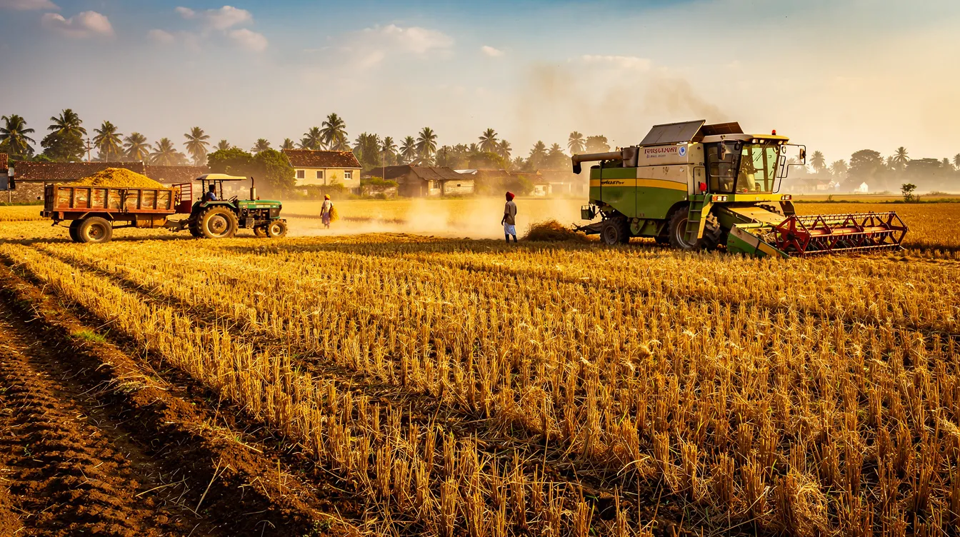 1f3fe64a fbfd 42cd 8e73 f25f14452a84 The image depicts a vast golden harvested grain field in a rural Indian landscape, with modern agricultural machinery at work. This scene highlights the agricultural industry's role in bioethanol production, emphasizing the importance of grain as a raw material for renewable energy and fuel.