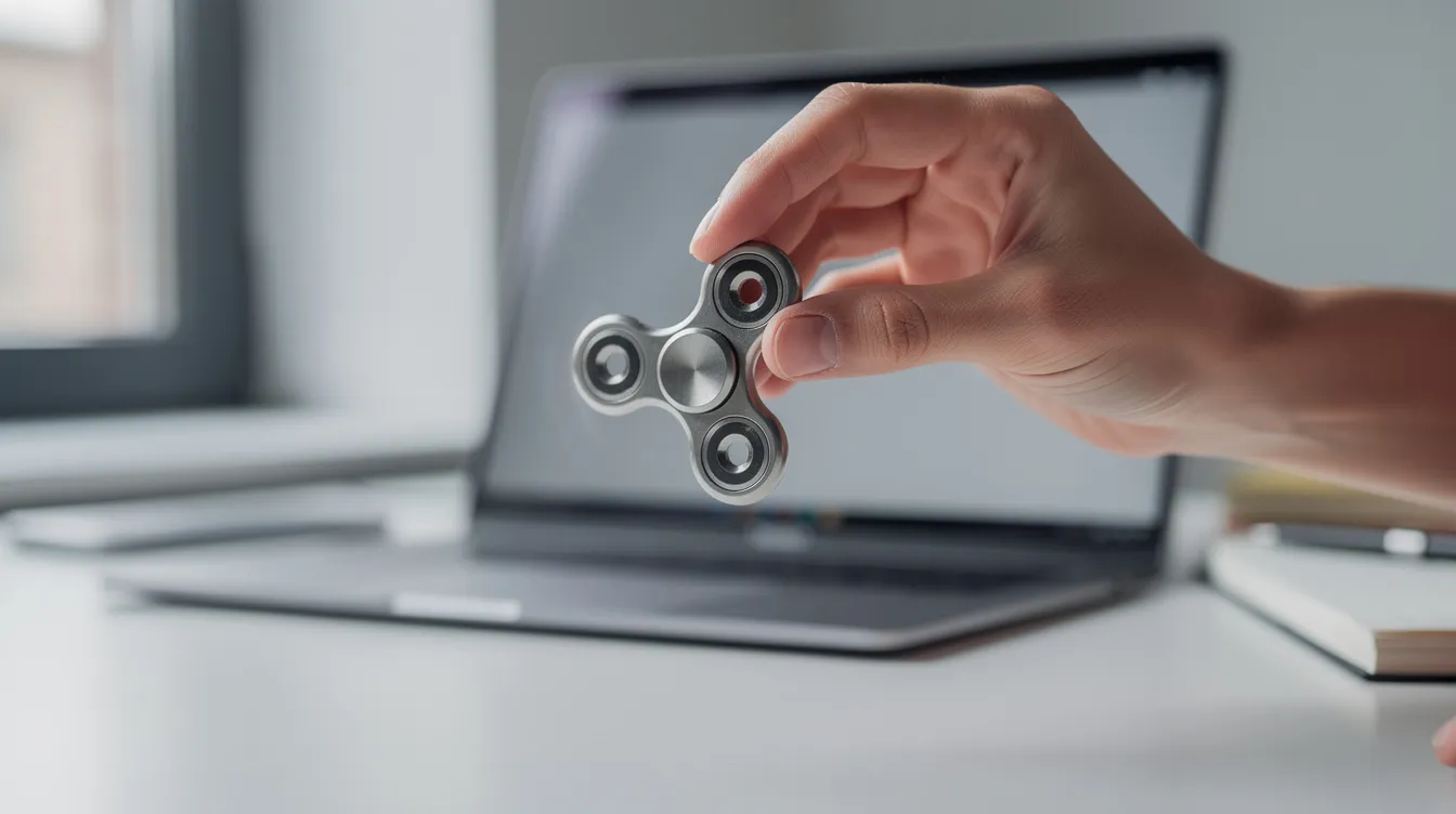A person's left hand is holding a small metallic fidget spinner between the index finger and thumb, with the other fingers relaxed against the desk. In the background, a modern laptop is visible on the table, suggesting a casual workspace setting.