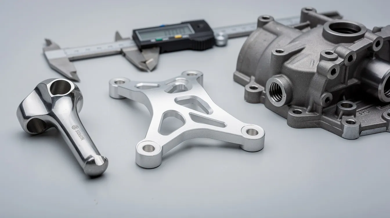 The image features an assortment of precision machined components, including an aerospace bracket, a medical implant, and an automotive housing, all neatly arranged on a clean inspection table, showcasing the results of advanced CNC machining processes. These components exemplify the high standards of quality control and the intricate manufacturing technology used in various industries, including aerospace and automotive.