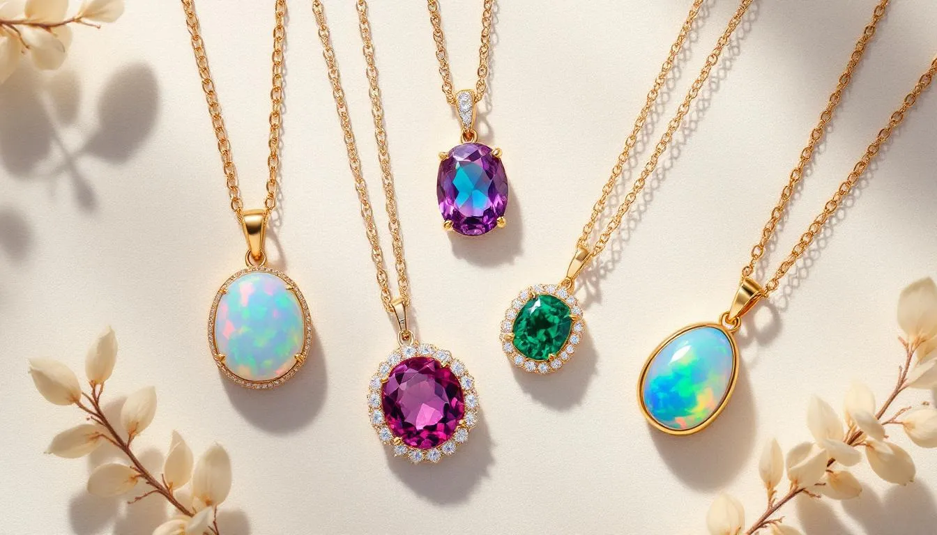 The image features a stunning collection of October birthstone necklaces, showcasing both opal and tourmaline pieces elegantly displayed on a model. The opal jewellery glistens with flashes of rainbow colours, embodying the beauty and symbolism of October's birthstone, while the tourmaline adds a vibrant touch with its rich hues of green and pink.