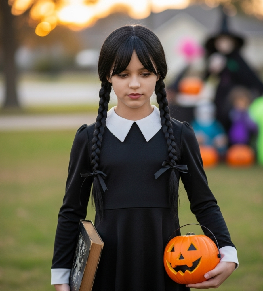 Halloween Costume ideas, Wednesday Addams dress is the perfect outfit for girls to wear to a party of trick-or-treating. Variety of options and styles