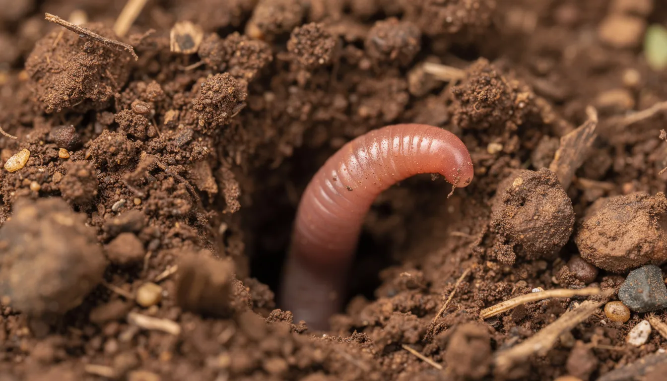 An earthworm, a common example of an invertebrate species, is emerging from rich brown soil, showcasing its soft body and the textured surface of the soil. This animal plays a vital role in improving soil quality and providing nutrients to the ecosystem.
