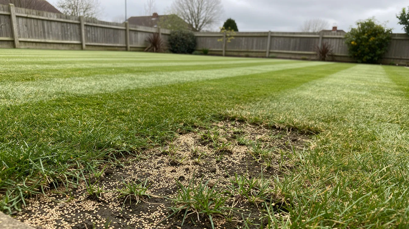 The image features a vibrant green striped lawn in the UK, showcasing healthy grass with fresh grass seed scattered across the surface. This well-maintained lawn appears lush and nourished, ideal for promoting greener grass growth while minimizing lawn weeds.