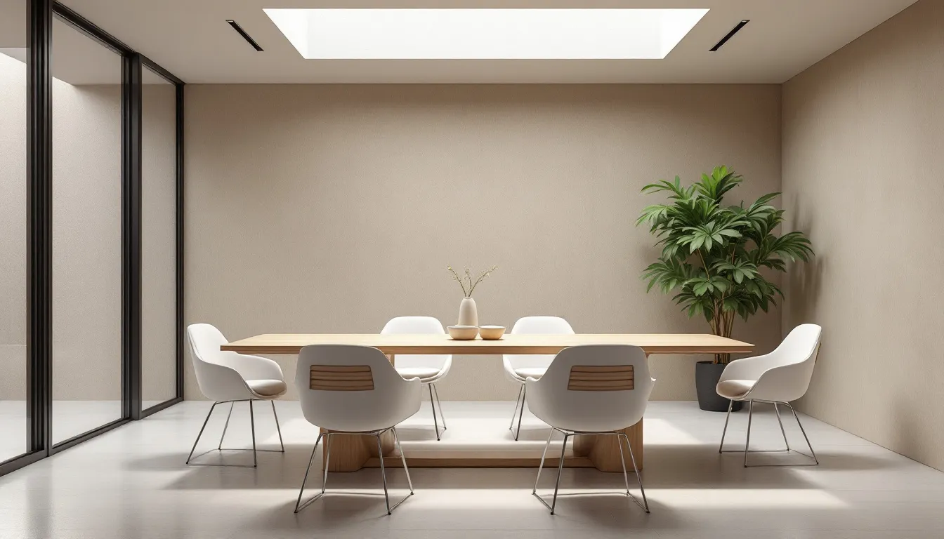 A stylish dining area featuring white dining chairs around a modern dining table.