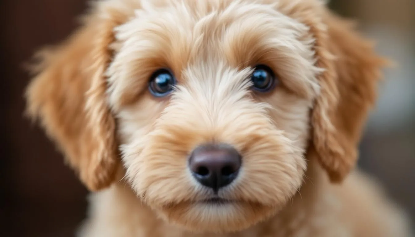 A close-up portrait of a miniature English Goldendoodle reveals its adorable teddy bear-like facial features and soft, cream-colored curly coat, making it an excellent choice for families seeking a hypoallergenic therapy dog or perfect companion. The dog