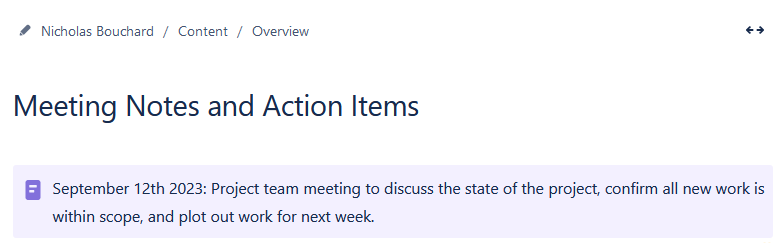A note panel in a Confluence page with a summary of a meeting.