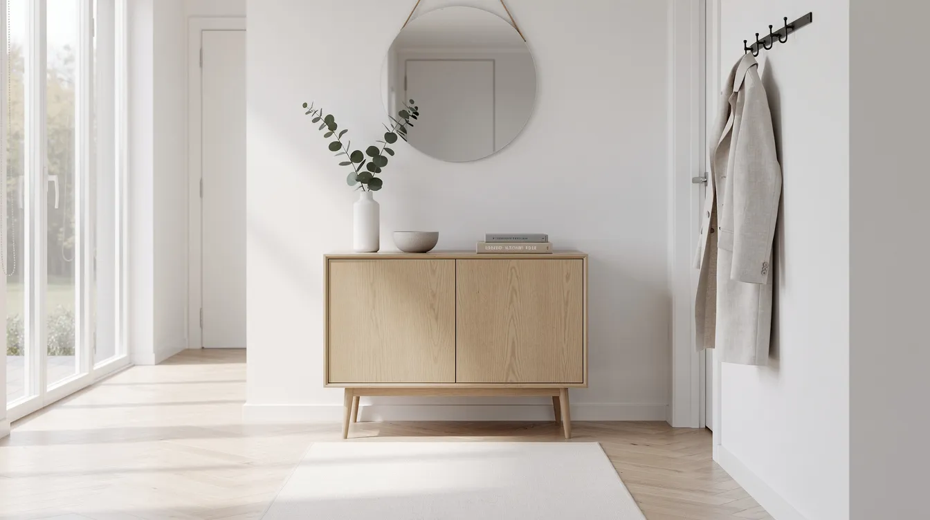 En smal, träfärgad sideboard står i en ljus skandinavisk hall med minimalistisk inredning. Den erbjuder praktisk förvaring och passar perfekt in i hemmets stil med sina rena linjer och funktionella design.