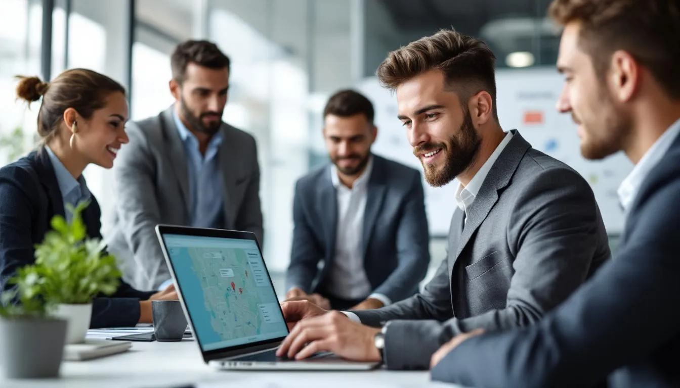 A digital marketing agency's sales team is engaged in a strategy session, analyzing Google Maps to enhance their SEO services and optimize marketing efforts for small businesses. Their focus is on driving business growth and attracting new customers through effective marketing campaigns and strategies.