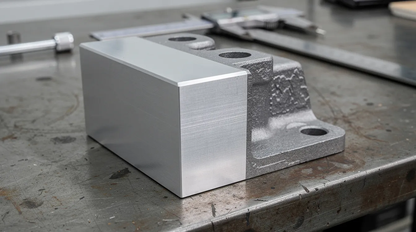 The image depicts an industrial workbench featuring an aluminum housing, showcasing both smooth machined surfaces created through CNC machining and textured as-cast surfaces resulting from metal casting techniques. This side-by-side comparison highlights the differences in surface quality and manufacturing processes, emphasizing the benefits of CNC machining for high precision and tight tolerances in complex metal parts.