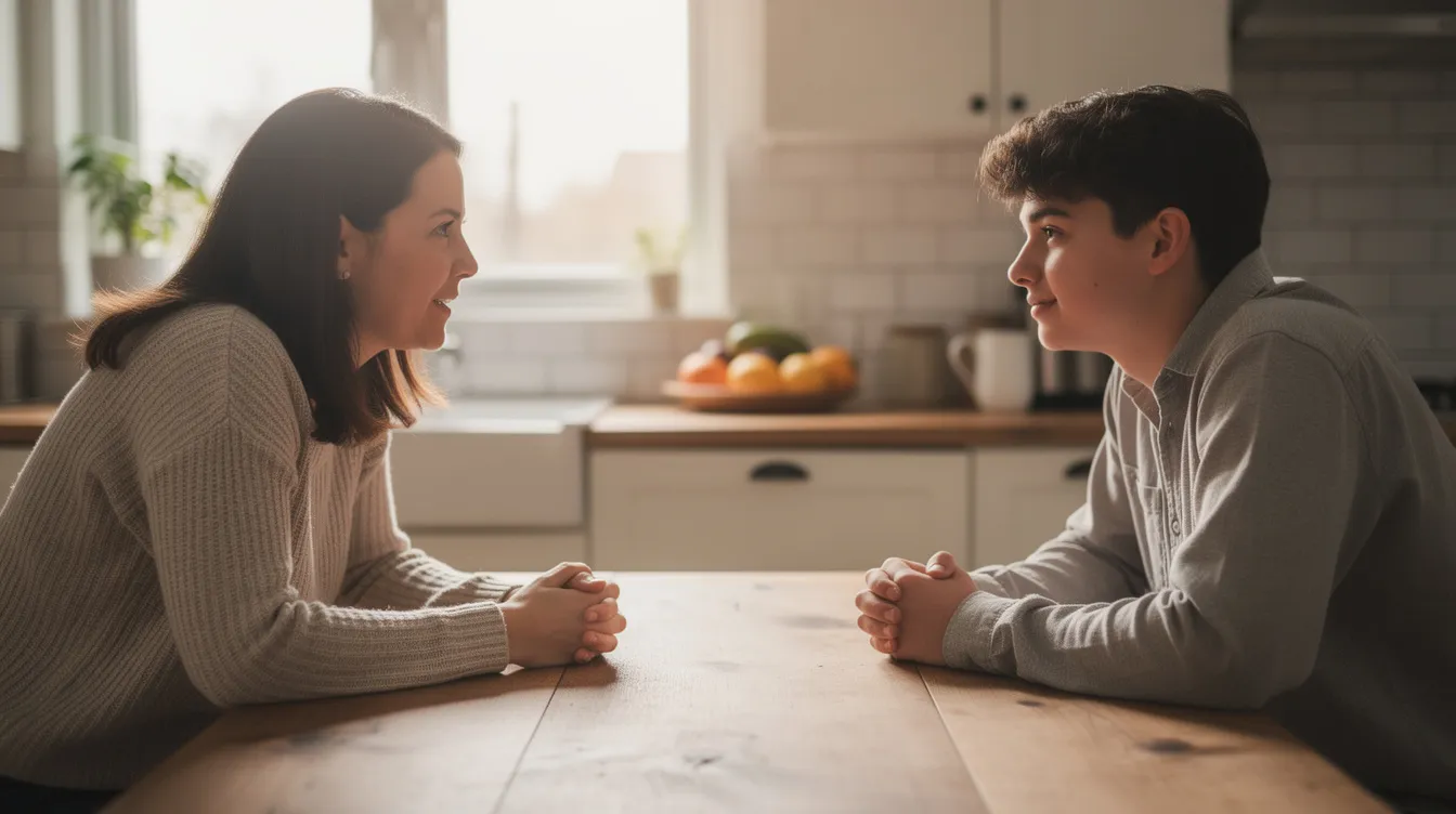 A parent and their teenage son are sitting at a kitchen table, engaged in a calm conversation that emphasizes the importance of communication during the teenage years. This moment illustrates how quality time spent together can help in parenting teenagers by fostering understanding and support.