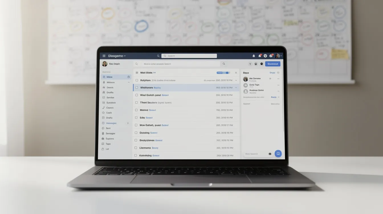 Das Bild zeigt einen Laptop mit einem geöffneten E-Mail-Posteingang, während im Hintergrund ein Kalender sichtbar ist. Diese Darstellung könnte für Masterstudierende nützlich sein, die ihre Kommunikation mit Betreuern und Dozenten im Rahmen ihrer Abschlussarbeit organisieren möchten.