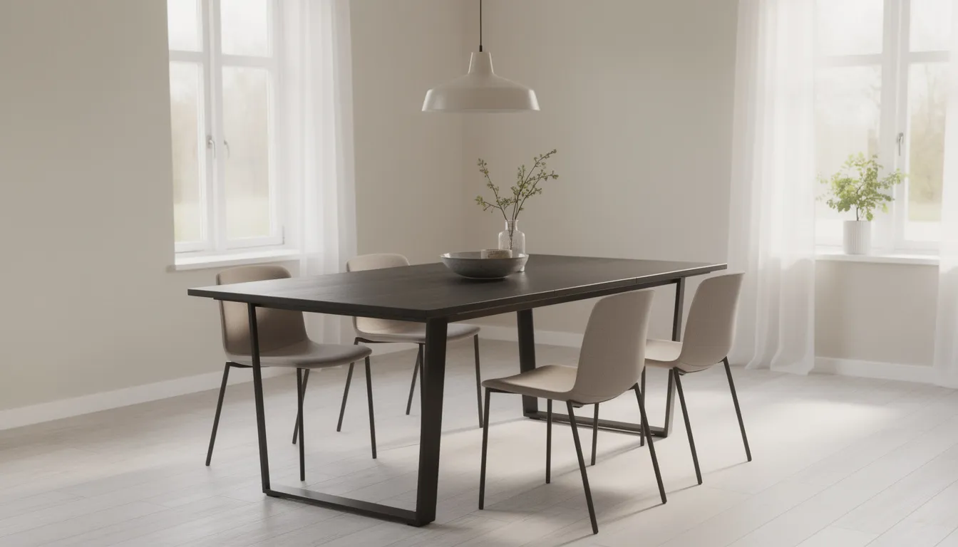 Ett modernt matbord i mörk ek med svarta metallben står i en ljus matsal, vilket ger en stilren och elegant känsla. Bordet är tillräckligt stort för att rymma många personer och passar perfekt för familjemiddagar eller sociala tillställningar.