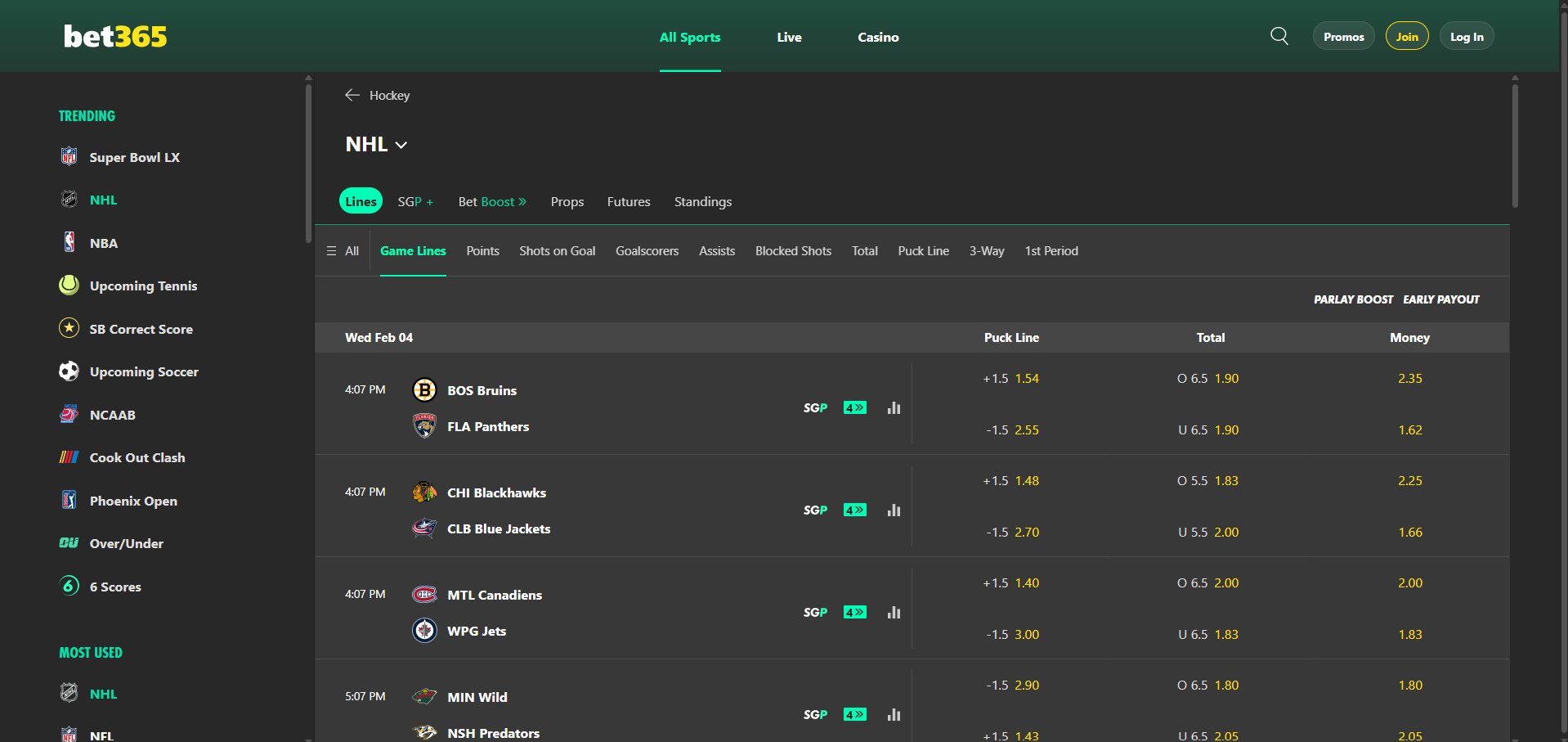 A desktop view screenshot of bet365's NHL betting page.