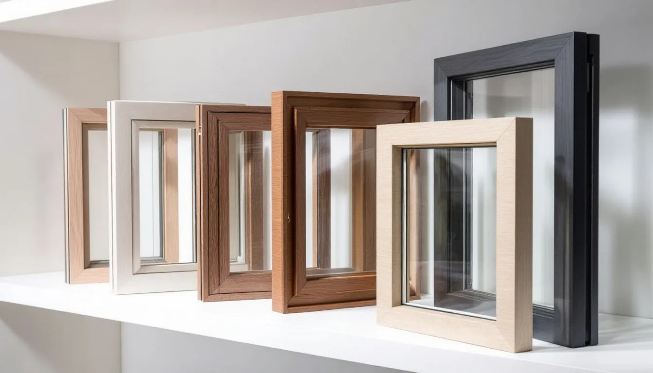 De afbeelding toont een assortiment van Gealan kunststof kozijnen in diverse kleuren, waaronder houtnerfafwerkingen. Deze kozijnen zijn ontworpen voor optimale warmte- en geluidsisolatie, waardoor ze een perfecte keuze zijn voor energie-efficiëntie en duurzaamheid in woningen.