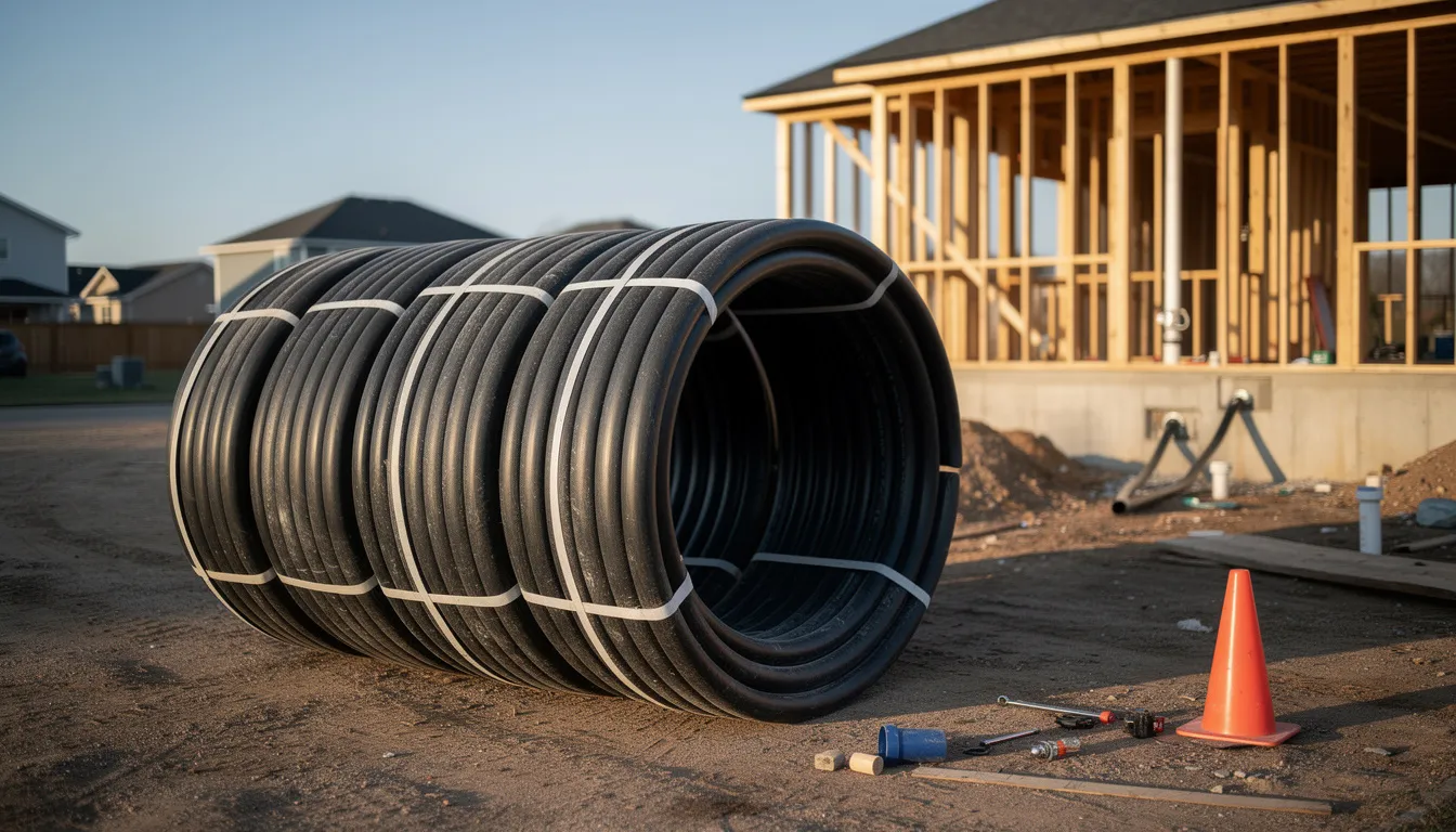 The image shows coils of HDPE (high-density polyethylene) pipes at a residential plumbing work site, ready for trenchless sewer replacement. These plastic pipes are part of a modern pipe system designed to replace old sewer lines without the need for extensive digging or traditional excavation methods.