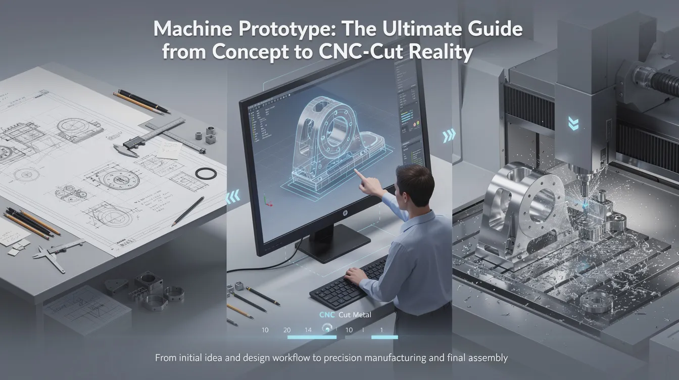 The image depicts a modern prototype machine shop, showcasing various tools and equipment used for rapid prototyping and CNC machining. Engineers are seen working on functional prototypes made from different materials, demonstrating the process of prototype development and final production design.