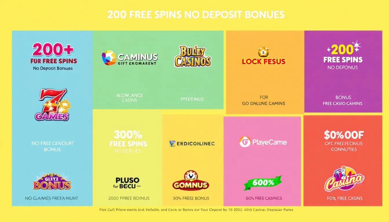 A collection of online casino logos featuring various games and bonuses, including 200 free spins no deposit bonuses.
