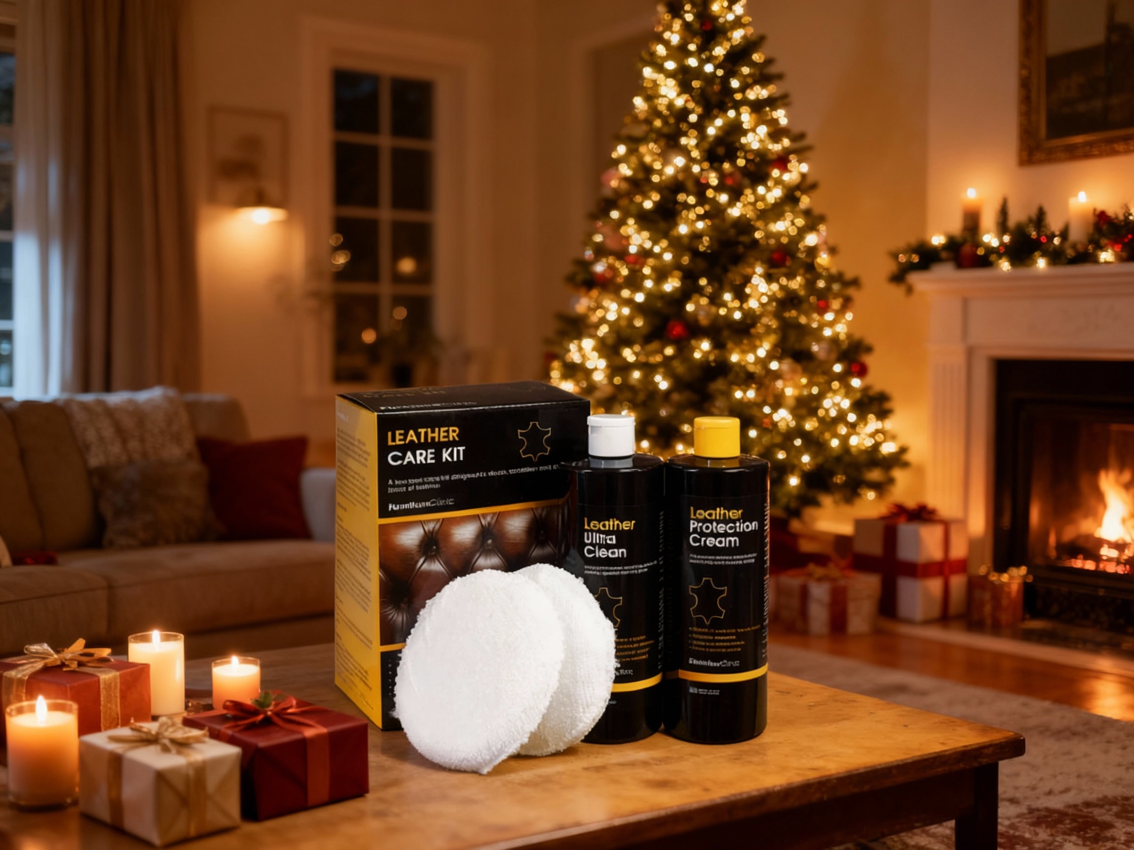 Lädervårdskit står snyggt uppradat på ett bord i en julig atmosfär framför en öppen spis och en julgran.