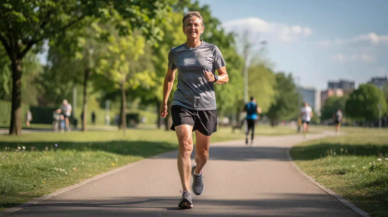 Middle-aged adult walking outdoors in an exercise context