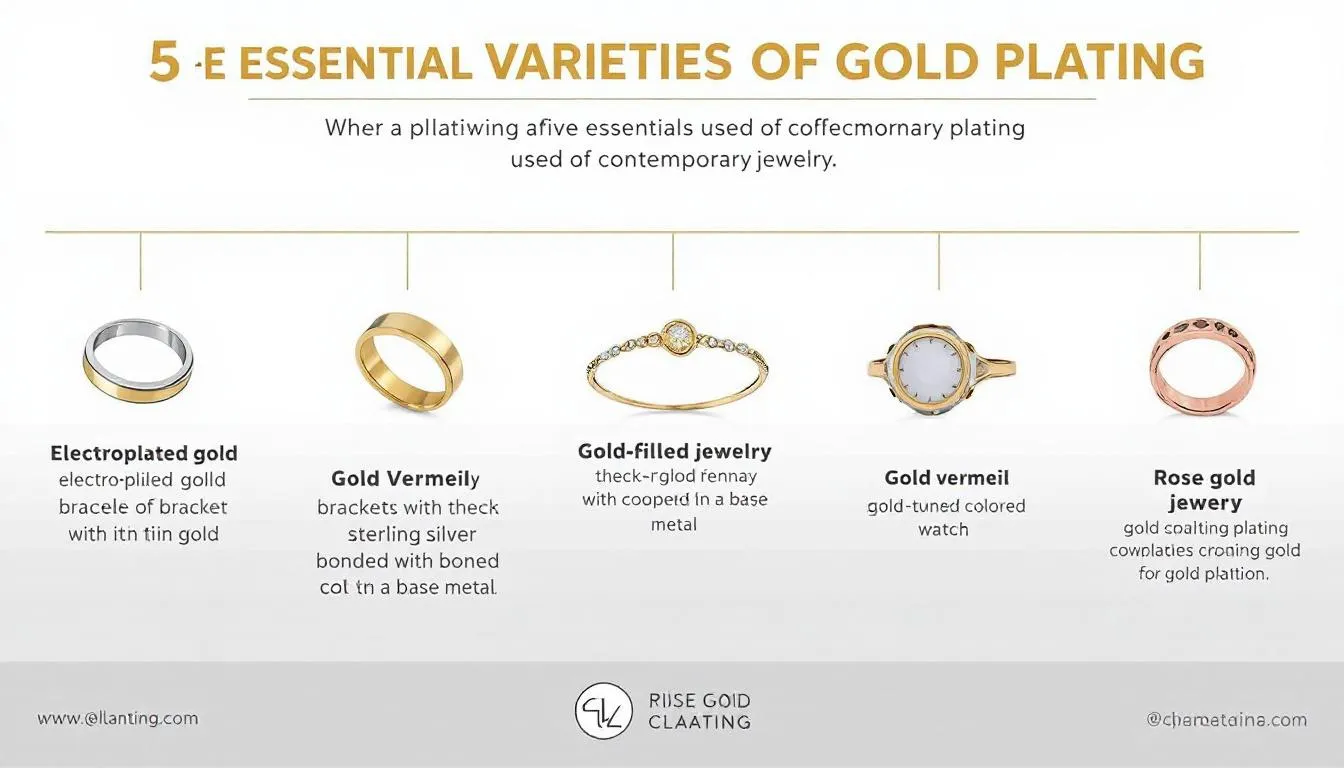 The image showcases five essential varieties of gold plating used in contemporary jewellery, including options like white gold and rose gold, each featuring a thin layer of gold over a base metal. These gold plated pieces are designed for everyday wear and special occasions, offering a golden appearance while catering to those with sensitive skin.