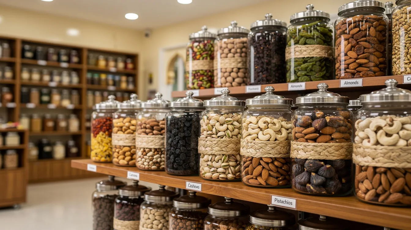 The image shows an assortment of dry fruits, including almonds, displayed in glass jars on wooden shelves in a clean Indian retail shop. This vibrant setup highlights the growing dry fruit business, appealing to health-conscious consumers seeking nutritious snacks.