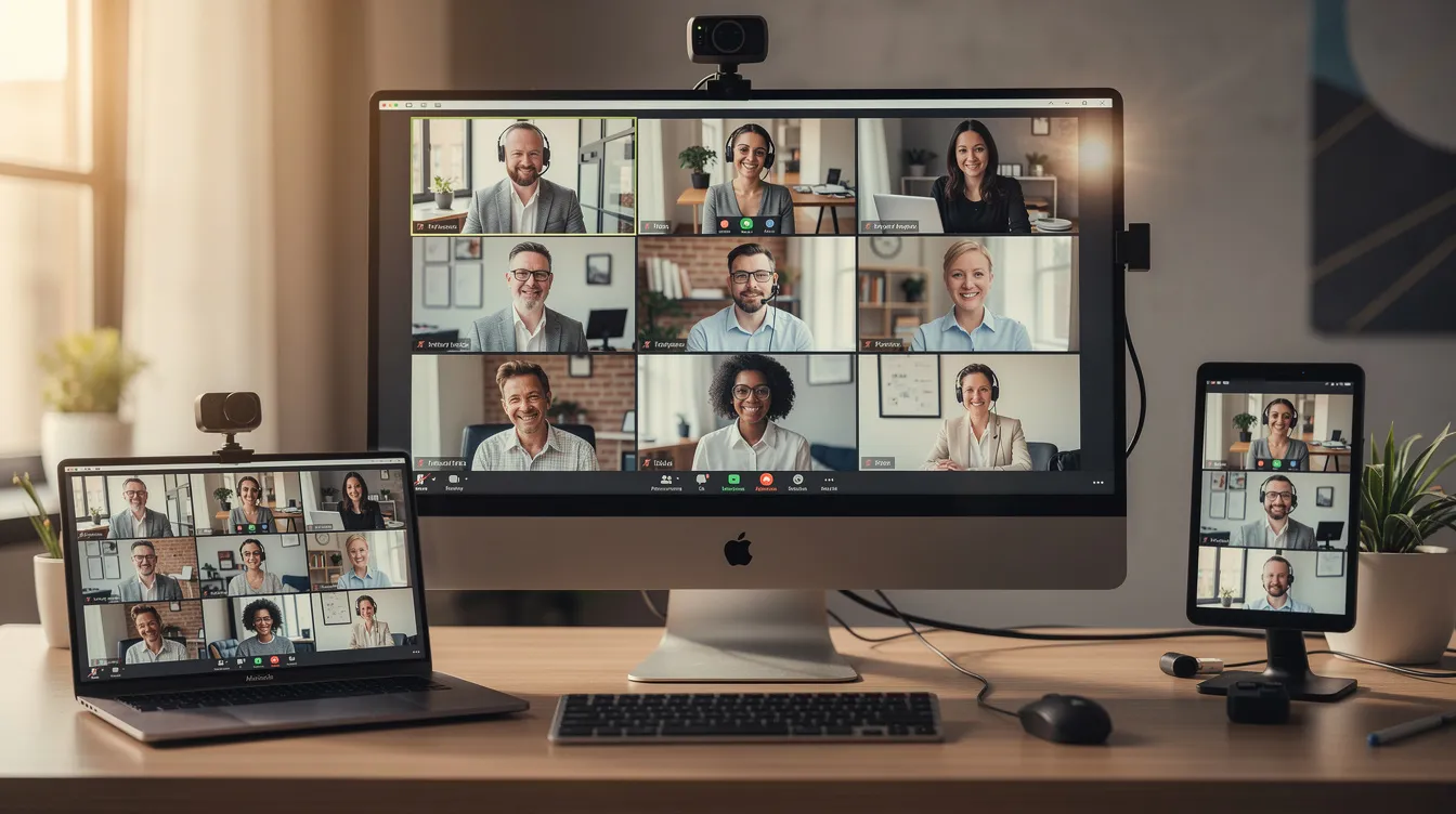 Une image montre un groupe diversifié de professionnels participant à une réunion virtuelle depuis différents endroits, avec plusieurs écrans affichant des visages. Cette scène illustre le management à distance et l'importance de la communication et de la cohésion au sein d'une équipe en télétravail.