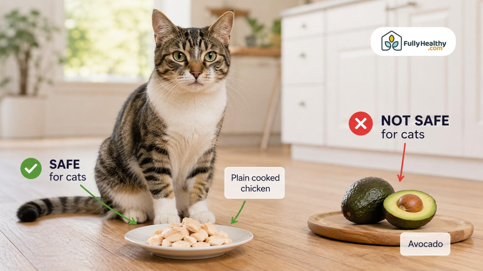 Cat beside plate of chicken labeled safe, avocado labeled unsafe food
