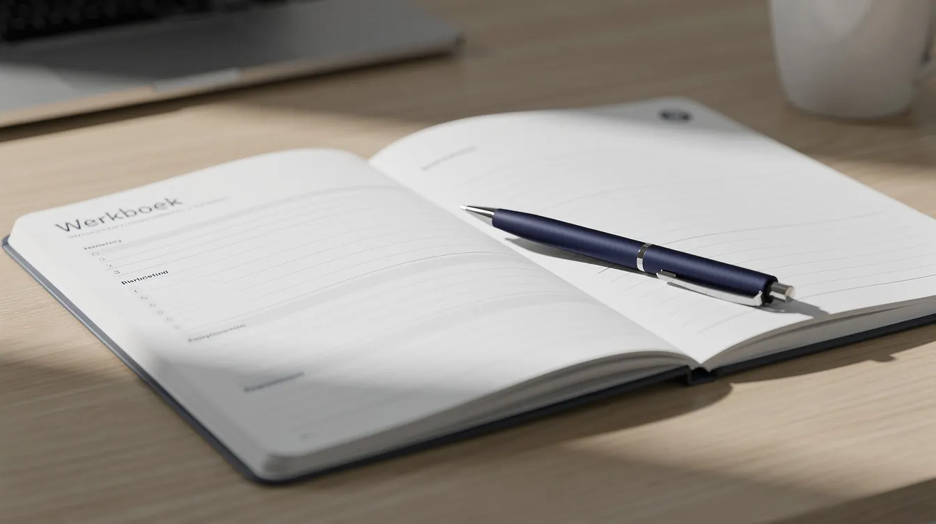 Een open werkboek ligt op een bureau, vergezeld van een pen, klaar om ingevuld te worden. Dit beeld symboliseert de voorbereiding en de structuur die essentieel zijn voor een sterke merkstrategie in een competitieve markt.