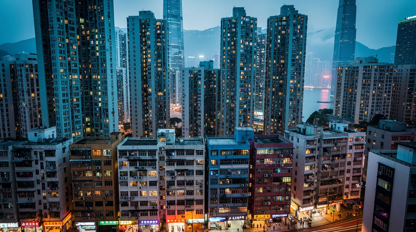 The image depicts a vibrant Hong Kong cityscape filled with towering residential buildings, symbolizing the bustling property market. The scene reflects the financial landscape where public servants and professionals can explore low-interest loan options and various lending products to support their housing needs.