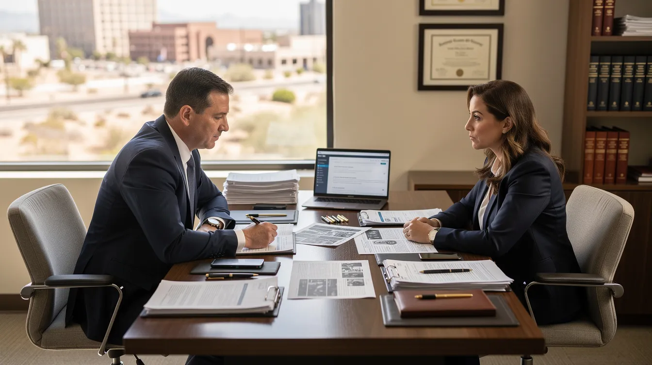 A Phoenix personal injury attorney is seen reviewing accident evidence with a client in a modern law office, surrounded by documents, medical records, and a laptop, all illuminated by natural light. The serious professional tone reflects the importance of gathering evidence for personal injury claims, ensuring clients can pursue fair compensation for their injuries.