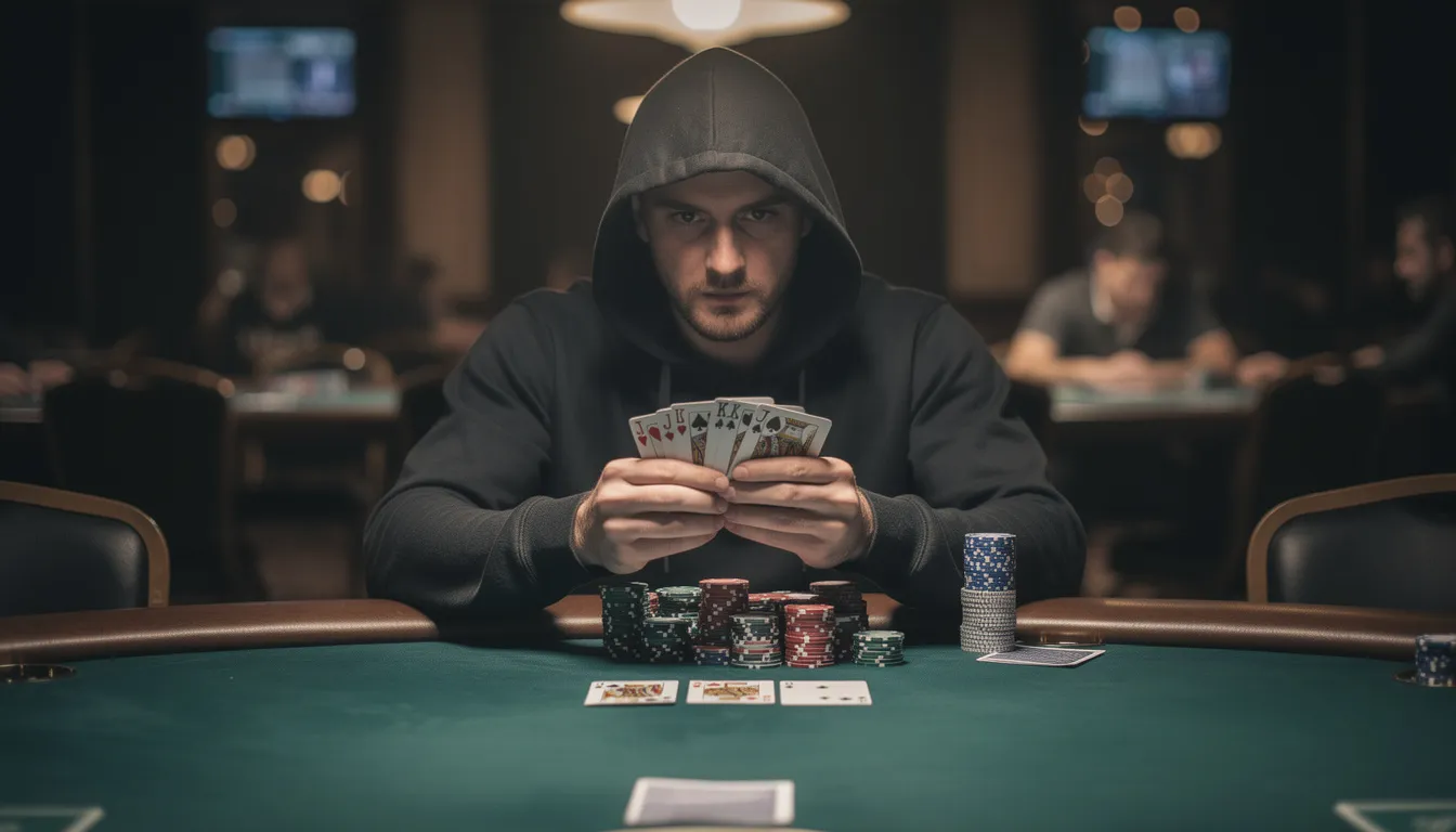 A professional poker player wearing a hoodie is intensely studying a set of cards at a green felt table, embodying the focus and strategy necessary for mastering pot limit Omaha (PLO) games. The image captures the essence of high-stakes poker, highlighting the player's dedication to improving their skills and understanding of preflop ranges and GTO strategies.