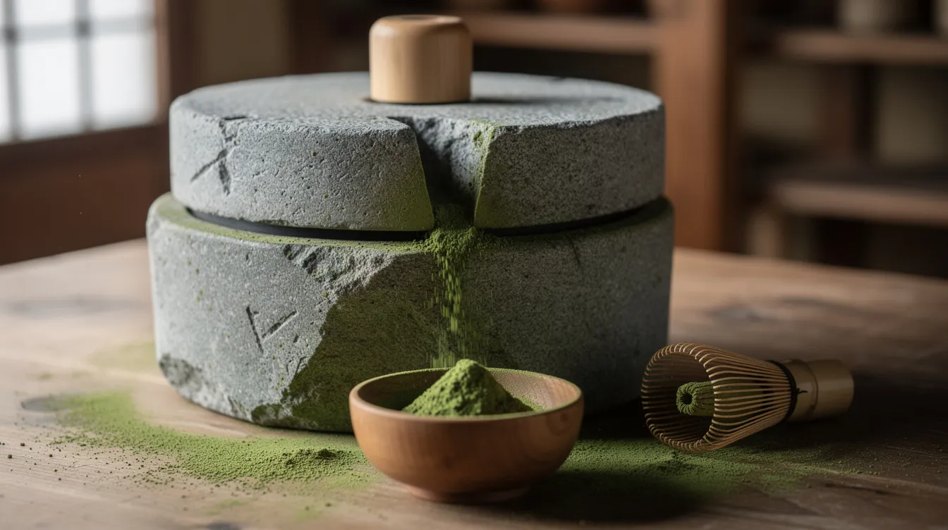 Das Bild zeigt eine traditionelle japanische Matcha-Mühle (Ishiusu) mit zwei flachen, runden Granitsteinen, die gerade Tencha-Blätter zu feinem, leuchtend grünem Matcha-Pulver mahlen. Neben der Mühle liegt ein Bambusbesen (Chasen) und es sind kleine Mengen von Matcha-Pulverstaub auf dem Holztablett sichtbar, was die authentische Atmosphäre der japanischen Teekultur unterstreicht.