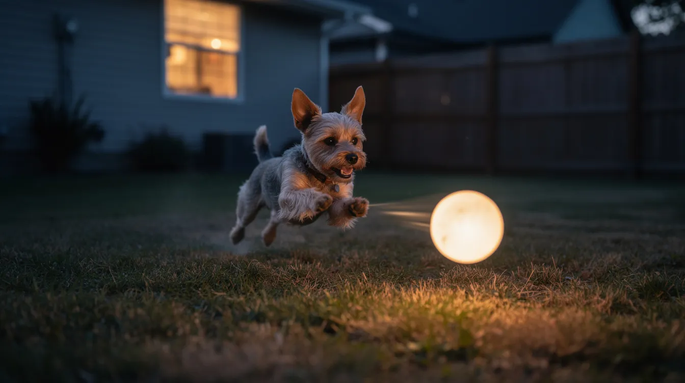 A small terrier joyfully chases a glowing ball across a backyard at dusk, showcasing its playful spirit. This scene highlights the importance of interactive dog toys that provide mental stimulation and fun during playtime.