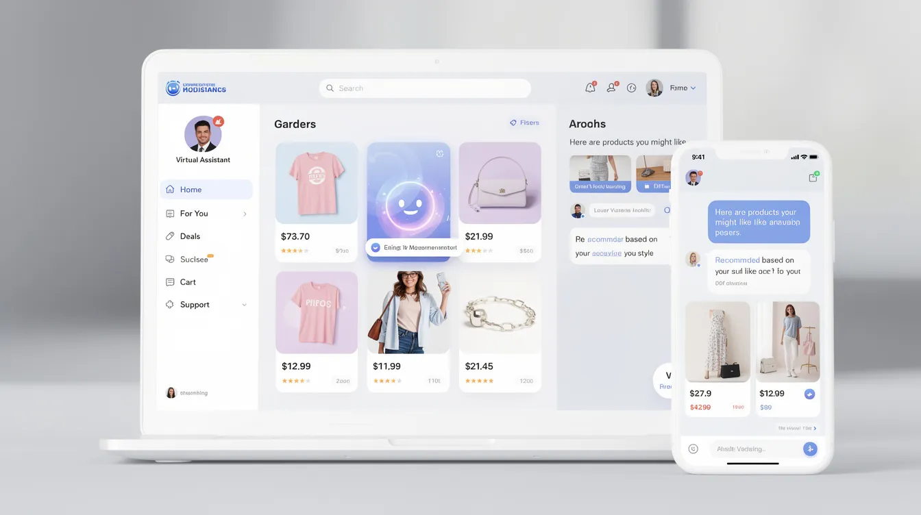 The image depicts an AI-powered virtual assistant interface designed for personalized shopping assistance, showcasing features that enhance customer experience by utilizing customer data, purchase history, and predictive analytics. This intelligent automation tool aims to improve customer satisfaction in the retail sector by providing tailored recommendations and insights based on historical sales data and customer behavior.