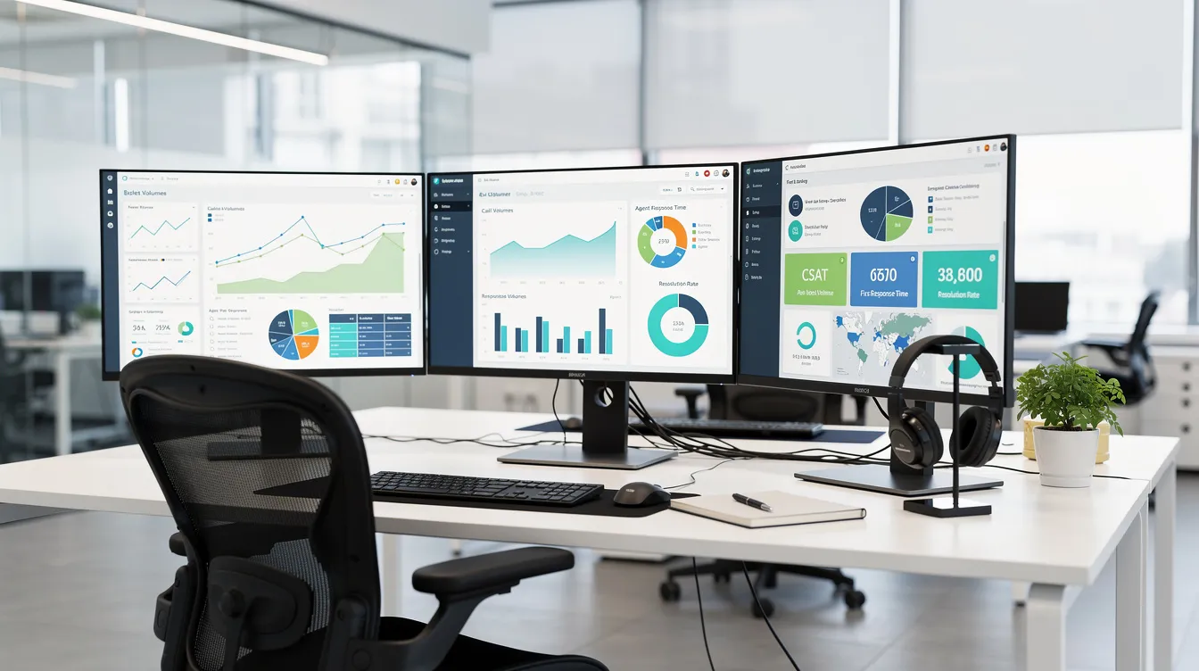 The image depicts a modern office workspace featuring multiple computer monitors that showcase customer service analytics dashboards, highlighting key metrics like customer satisfaction and support operations. This setup reflects the integration of AI tools and customer service software, aimed at enhancing customer experience and improving agent efficiency.