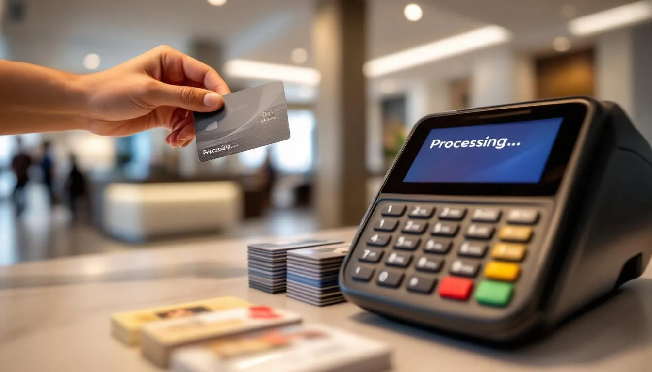 The image shows a credit card being processed through a payment terminal, with hotel key cards visible in the background, highlighting the connection between hotel bookings and the chargeback process. This scene reflects the importance of understanding payment and refund policies in the hospitality industry.